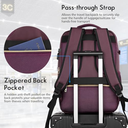 MOMUVO Large Travel Backpack Women, Flight Approved Carry On Backpack, Water Resistant Anti-Theft Large Casual Daypack Fit 17 Inch Laptop with USB Charging Port - color: Dark Purple, size: 17.3 inch