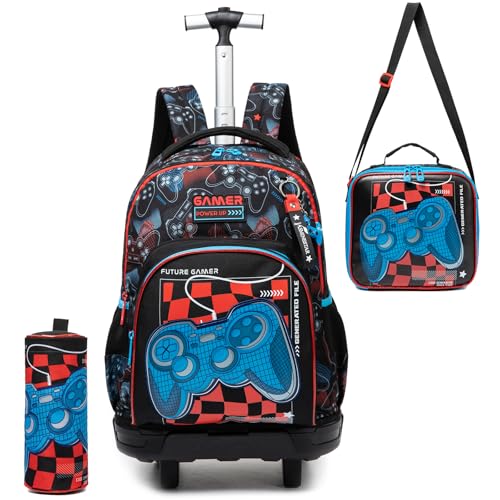 Rolling Backpack Boys Backpack with Wheels for Kids Roller Backpacks for Boys 8-12 School Backpacks for Elementary Bookbag with Lunch Box Back to School Supplies - color: Black Game