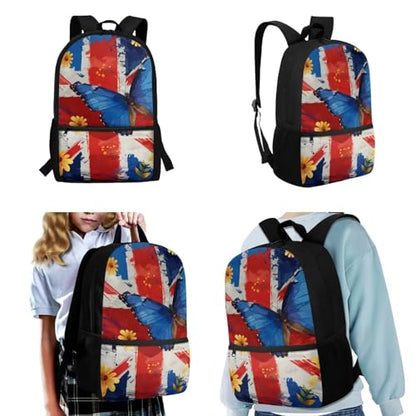 CLOHOMIN Butterfly Kids Bookbag and Lunch Box Set for Girls 5-8, 3 in 1 The Union Jack Backpack with Lunch Bag + Water Bottle Sleeve 17 Inch Schoolbag for Boys 4th Grade Insulated Lunch Tote - color: Butterfly the Union Jack