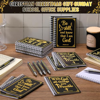 24 Sets Christian Notepads Bible Pens Sets Bulk - Classroom Office Church Religious Gifts - Spiral Thickened Bible Verse Notepad Pens for School Teacher Coworker (Gold Foiling Black) - style: Gold Foiling Black