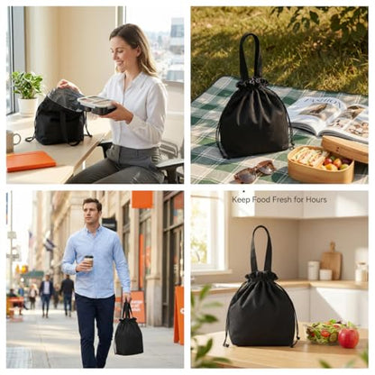 Reusable Lunch Bag,Canvas Drawstring Lunch Bag, Lunch Tote for Work, School, or Picnics, Lightweight & Waterproof, Keeps Food Fresh All Day(BLACK) - color: Black