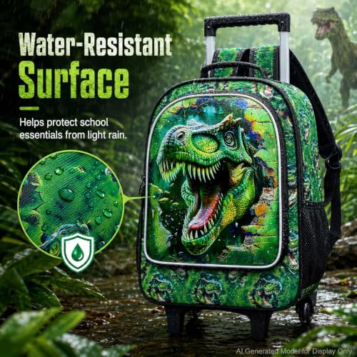 3Pcs Dinosaur Rolling Backpack for Boys, 18" Kids School Backpacks with Wheels, Roller Bookbag with Lunch Box for Preschool Toddler Elementary(Green)