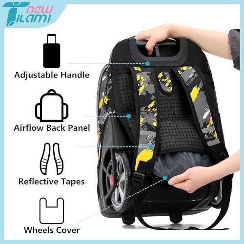 NEW TILAMI 19 inch Rolling Backpack Teens Rolling Backpack Cute Wheeled Laptop Backpack Bookbag Roller Travel Bag College, Yellow Doodle - color: Yellow Doodle