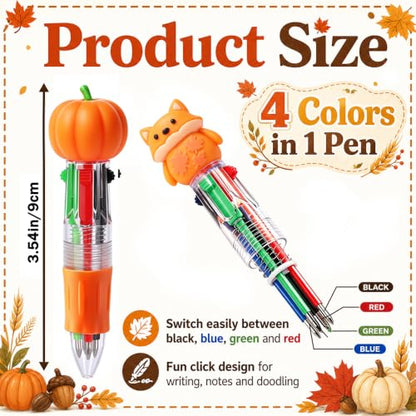 Vellibring 24 Pcs Thanksgiving Pens, Fun Autumn 4-in-1 Maple Leaf Pumpkin Turkey Animal Character MultiColor Pens Fall Harvest Party Favor Classroom Reward Stationery Gift - style: Thanksgiving-24pcs