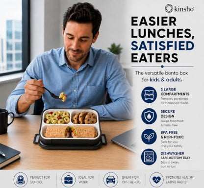 kinsho Bento Lunch Box, Ice Pack, Insulated Bag for Kids Adults, Black Gray | 3 Leak-Proof Compartments, Secure Lid, Insulated Food and Snack Container Set for Boys, School, Work, BPA Free - color: Black in Grey Bag