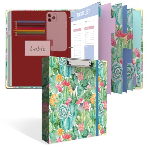 3 Ring Binder, 1 Inches Round Ring Binder with Clipboard, Dividers Tabs, PVC Zipper Bag Sleeves & to Do List Planners, Decorative Binder for School, Office Supplies-Cactus Flowers - color: Cactus Flowers, size: 1" Binder with Dividers