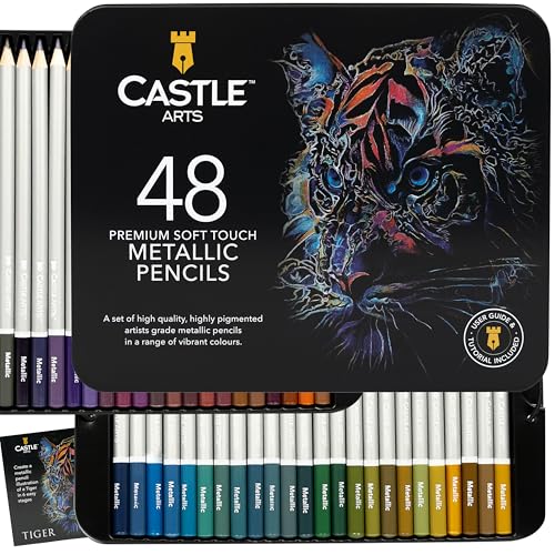 Castle Art Supplies Metallic Colored Pencil Set | 48 Shimmering Shades with Wax Cores for Professional and Adult Artists | Presented in Tin Case