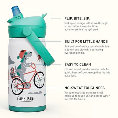 CamelBak Thrive Flip Straw Kids Bite Valve Stainless Steel Water Bottle Biking Dogs, 12oz - color: Biking Dogs