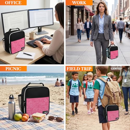 opux Insulated Lunch Bag for Kids Girls, Small Compact Lunch Box with Wide Opening & Mesh Pockets, Reusable Lunch Pail for School, Work, Adults, Women, Heather Pink - color: Heather Pink