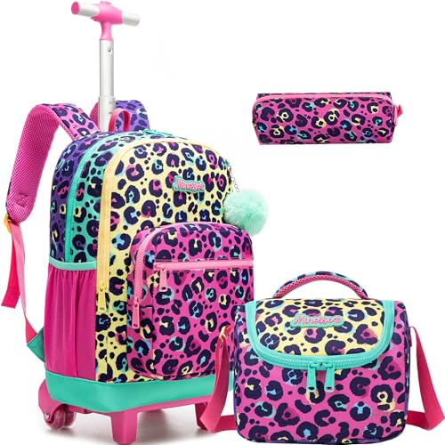 Girls Rolling Backpack with Lunch Box School Backpacks with Wheels 16.5" Roller Backpack for Girls, 3pcs Kids Wheeled Bookbag for Elementary School - color: Pink Leopard