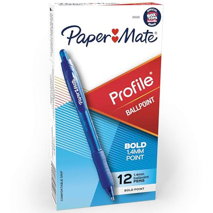 Paper Mate Profile Retractable Ballpoint Pens, Bold Point (1.4mm), Blue Ink, 12 Count - Writing, Office, Teacher Supplies - color: Blue, size: 12 Count (Pack of 1)