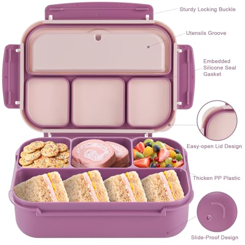 shell and turtle Bento Box Adult Lunch Box, Lunch Containers for Kids Girls Boys with 4 Compartments, Lunchable Food Container with Utensils, Sauce Jar, Muffin Liners, 40 Oz/5 Cup, Dark Purple - color: Dark Purple