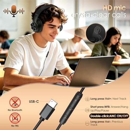 Active Noise Cancelling Headphones, USB C Headphones Wired Headphones Over Ear with HD Mic, Hi-Fi Stereo Sound, Big Bass, Portable Foldable Lightweigh Headphone for Airplane Trave/Office/Game/School
