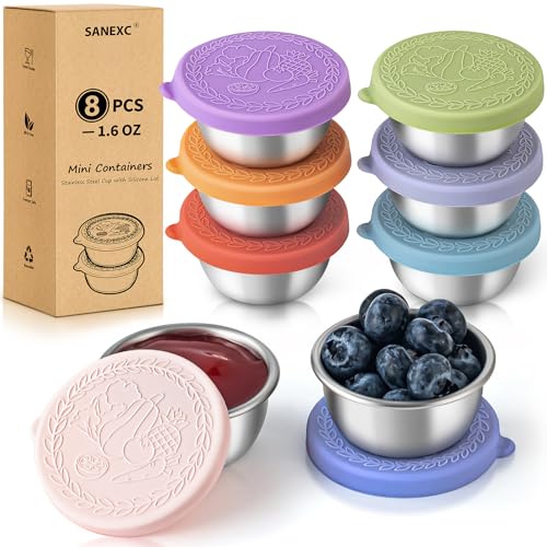 SANEXC 8 Pack - 1.6 Oz Small Salad Dressing Containers To Go, Leakproof Condiment Containers with Lids Reusable Stainless Steel Sauce Cups for Lunch Boxes Kitchen Storage Picnics Travel Meal Prep - color: 1.6 OZ-Multicolor