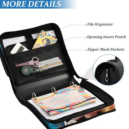 3 Ring Zipper Binder with Shoulder Strap Black Skulls Cats Gothic Style Binder Bag - color: Multicolored 07