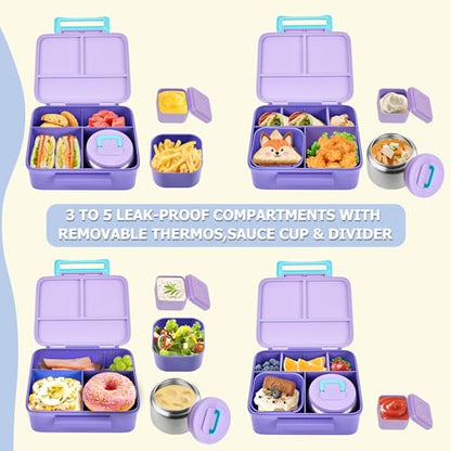 Bento Lunch Box for Kids with Thermo, Leakproof Bento Box with 8oz Insulated Food Jar, Lunch Bag, BPA Free Dishwasher Safe 4 Compartment Container for School Girls Boys (Purple) - color: Purple1