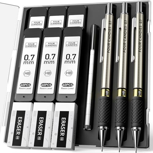 Metal Mechanical Pencil Set, 0.7mm Medium Point, 3-Pack with Storage Case | 360 Leads, 3 Erasers+9 Refills, Non-Slip Grips, For School Writing, Sketching, Art Drawing & Professional Drafting - size: 3 Count (Pack of 1)