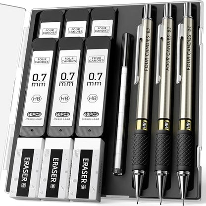 Metal Mechanical Pencil Set, 0.7mm Medium Point, 3-Pack with Storage Case | 360 Leads, 3 Erasers+9 Refills, Non-Slip Grips, For School Writing, Sketching, Art Drawing & Professional Drafting - size: 3 Count (Pack of 1)