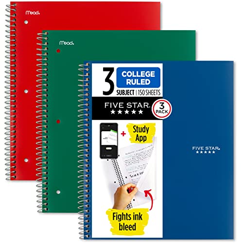Five Star Spiral Notebook + Study App, 3 Pack, 3 Subject, College Ruled Paper, Fights Ink Bleed, Water Resistant Cover, 8-1/2" x 11", 150 Sheets, Green, Red, Blue (820193) - color: Forest Green, Fire Red, Pacific Blue, size: 3 Pack