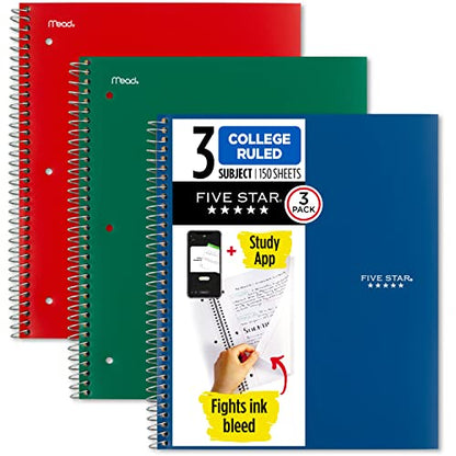 Five Star Spiral Notebook + Study App, 3 Pack, 3 Subject, College Ruled Paper, Fights Ink Bleed, Water Resistant Cover, 8-1/2" x 11", 150 Sheets, Green, Red, Blue (820193) - color: Forest Green, Fire Red, Pacific Blue, size: 3 Pack