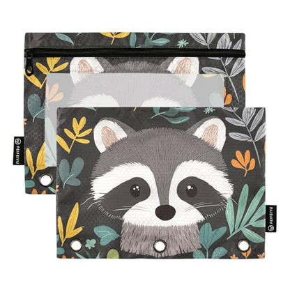 Fustylead Cute Raccoon and Leaves 2 Pack Pencil Pouches for 3 Ring Binder, Big Capacity Binder Pencil Bag with Clear Window for School Office Cosmetic Children Supplies - color: Grey01