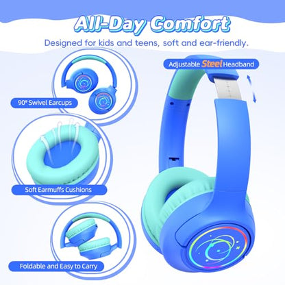 Kids Bluetooth Headphones, 85H Playtime Wireless Headphones for Kids, Colorful LED Lights, 85/94dB Safe Volume Limit, Bluetooth 5.4 Built-in Mic Toddler Headset for Tablet/Airplane/Travel (Blue) - color: Blue
