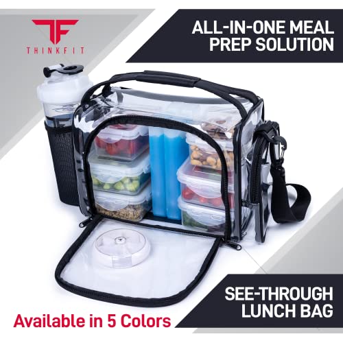 ThinkFit Clear Lunch Bag with 6 Meal Prep Containers and Ice Packs BPA-Free | Includes Shaker Cup, 2 Ice Packs and Pill Organizer; Reusable Clear Lunch Box for Work; Microwave, Freezer, Dishwasher Safe - color: Clear