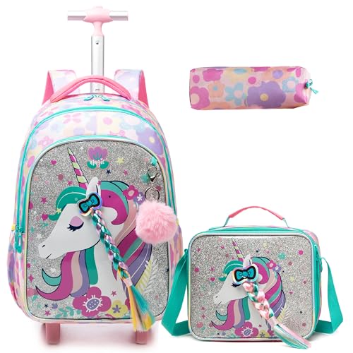 Kids Rolling Backpack for Girls Unicorn with Braids Suitcases Trolley Roller Luggage Backpacks Wheels with Lunch Box Pencil Case for Elementary Multiple Compartment Pocket School Bag Pink - color: Pink-12811