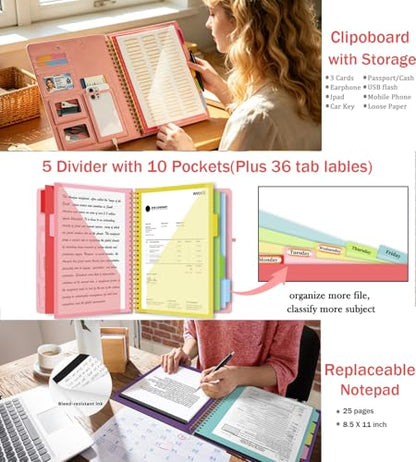 Pink Foldable Spiral Clipboard Folio with Storage Zipper Pouch, 5 Plastic Folders with Pockets,Refillable Lined Notepad (8.5" x 11"), Hardcover Project Organizer with 39 Stickers - color: Pink