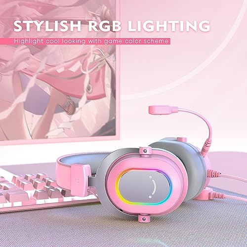 FIFINE PC Gaming Headset, USB Wired Headset with Microphone, 7.1 Surround Sound, in-Line Control, Computer RGB Over-Ear Headphones for PS4/PS5, for Streaming/Game Voice/Video-AmpliGame H6 (Pink) - color: Pink