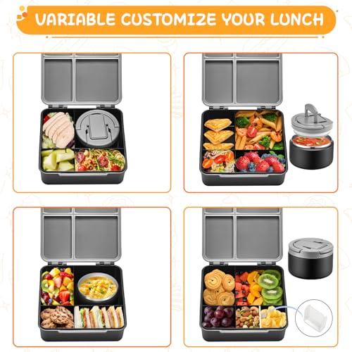 MAXSO Bento Lunch Box Set for Kids with 8 oz Soup Thermo, Leakproof Hot Food Container with 4 Compartments, Insulated Food Jar for Toddler Daycare Boys Girls School - Black - color: Black