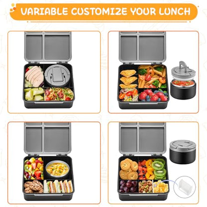 MAXSO Bento Lunch Box Set for Kids with 8 oz Soup Thermo, Leakproof Hot Food Container with 4 Compartments, Insulated Food Jar for Toddler Daycare Boys Girls School - Black - color: Black