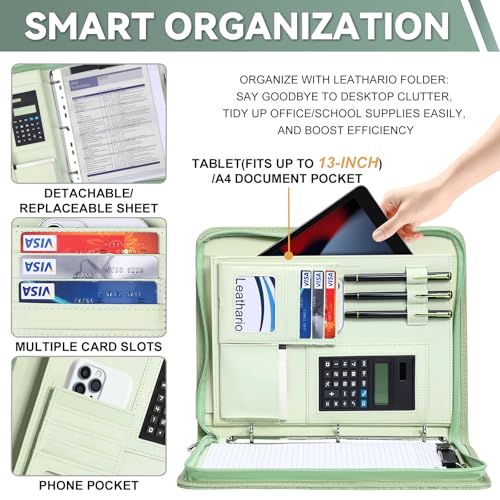 Leathario Portfolio Binder, Includes 5 Sheet Protectors and a Pen, 13 Inch Tablets Organizer, Vegan Leather A4 Padfolio, Multi-Pocket Notepad Business Planner Professional Document - color: Relief Green