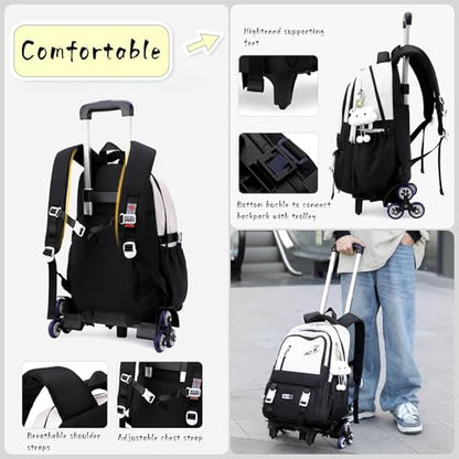 Black Rolling Backpack for Girls Boys Elementary Middle School Bags, Kids Wheeled Boys Girls Backpack with 6 Wheels, Black - color: 6 Wheels-01-black, style: 6 Wheels