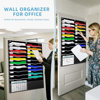 ALSLEA 22 Pockets Hanging Wall File Organizer, Sturdy Legal/Letter Size Manila File Folders Organizer, Classroom Pocket Chart with 2 Writable Clear Pockets, 6 Wall/Door Hooks & 24 Labels (Black) - size: Extra Large (22 Pockets)