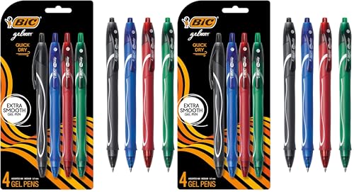 BIC Gel Pens, Assorted Colors, Medium Point 0.7mm | Quick Dry | Retractable | Comfortable Grip | 8-Count - color: Black, Blue, Red, Green, size: 4 Count (Pack of 2)
