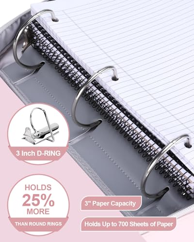 3-Inch 3-Ring Zipper Binder with Shoulder Strap and Multiple Pockets | D-Ring Zip Up Binder with 700 Sheets Capacity, Compatible with 13" MacBook/Tablet, for Middle School, Office, Pink - color: Pink