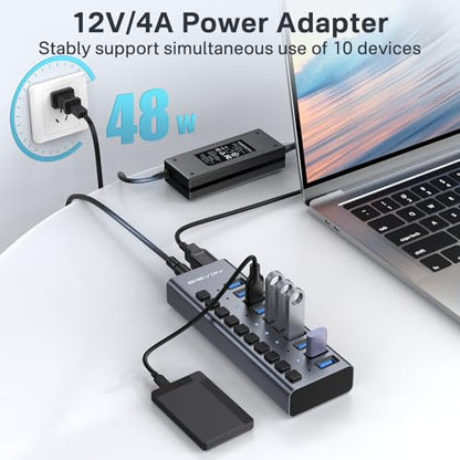 Powered USB 3.2 Hub, ACASIS 10 Ports USB 3.2 Hub with 10Gbps Data Speed, Aluminum Housing, USB Hub Powered with 48W Power Adapter, USB Hub for PC/Laptop, Computer, Flash Drive, Printer, Camera - size: 10 ports