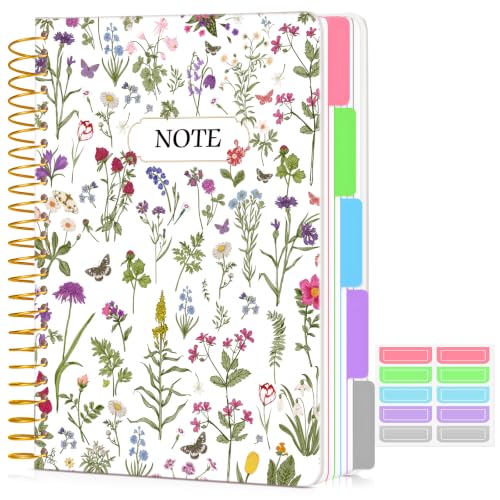 5 Subject Notebook College Ruled 240 Pages, A5(5.8"x8.3") Hardcover Spiral Notebook with Removable Dividers Tabs, Lined Spiral Journal Notebook for Women, Notebooks for Work School，whitespringflower - color: -Whitespringflower, size: A5