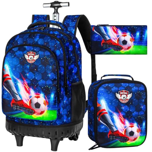 WZLVO 3PCS Rolling Backpack for Boys, 21 Inch Dinosaur Roller School Bookbag with Lunch Bag, Water Resistant Wheeled Backpacks for Teens Boys Elementary Travel