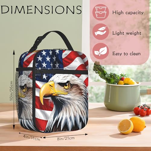 Insulated American Flag Eagle Lunch Bag, Reusable Cooler Tote with Handle | Portable lunch bag with insulated lining, side mesh pocket and spacious design for school, office, picnic and outdoor use - color: American Flag Eagle