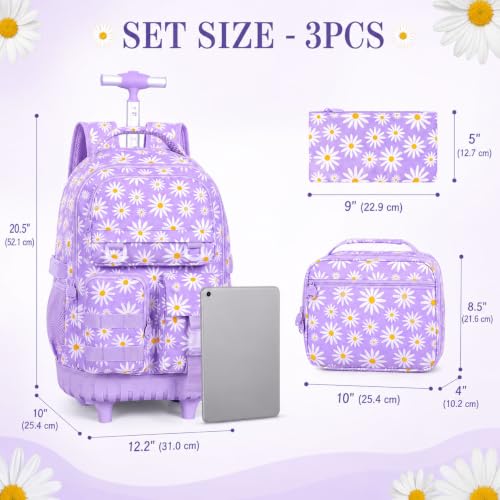 WZLVO 3PCS Girls Rolling Backpack, Water Resistance Roller Bookbag, Women Aesthetic Wheeled School Bag Set with Lunch Bag & Pencil Bag for Teens & Kids - Purple Chrysanthemum - color: 3pcs Girls Rolling Backpack - Purple Chrysanthemum