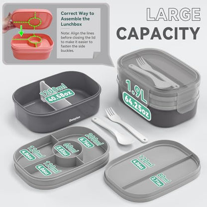 2 Layers Bento Box, All-in-One Stackable Lunch Container with Compartments, 64oz Leakproof Microwave Safe Dishwasher Safe Bento Box with Lunch Bag and Utensil Set for Kids and Adults - color: Gray