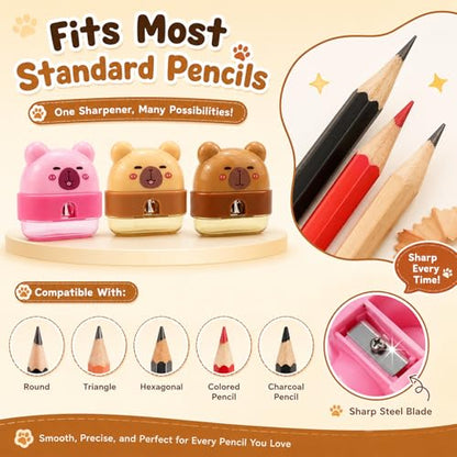 3 PCS Cute Pencil Sharpeners, Kids Pencil Sharpener Handheld, Fun Pencil Sharpener, Funny Manual Sharpeners Cartoon with Lid, Kawaii Capybara Stationary Gifts Mini School Office Supplies