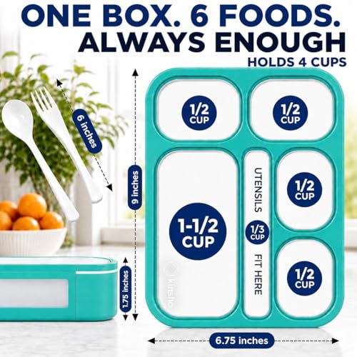 kinsho Bento Box Lunch-Box Containers for Kids, Adults | 6 Compartment Lunch-Boxes | Leakproof School Bentobox, Snack or Meal Portion Container | BPA-Free, Teal - color: Teal