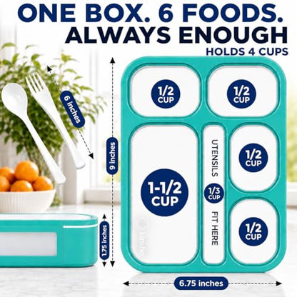 kinsho Lunch Box for Kids Boys Girls - Bento Box Set with Insulated Bag and Ice Pack, 6 Compartment Leak Proof Food Container, BPA-Free, Microwave Safe, Ideal for School & Work, Teal - color: Teal