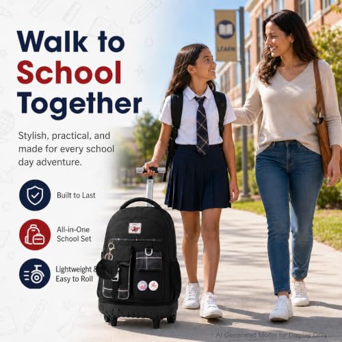 gxtvo 3PCS Rolling Backpack for Women, Girls Wheeled Bookbag with Lunch Box for Adults, Water Resistant Roller School Bag for College Teens Kids Travel - Black - color: 3pcs Set Black