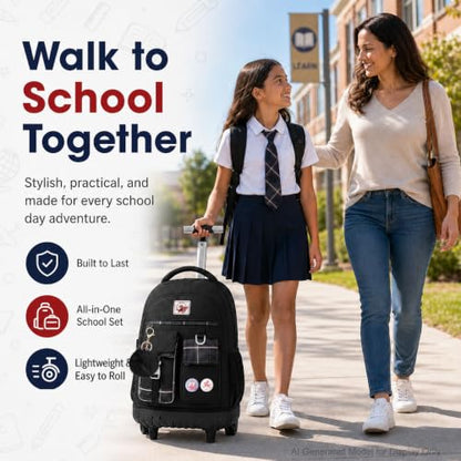 gxtvo 3PCS Rolling Backpack for Women, Girls Wheeled Bookbag with Lunch Box for Adults, Water Resistant Roller School Bag for College Teens Kids Travel - Black - color: 3pcs Set Black