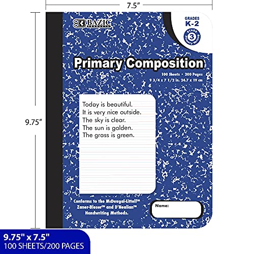 BAZIC PRODUCTS Primary Composition Notebook, Grades K-2, Marble, 2-Pack | 100 sheets (200 pages), 9.75 x 7.5 in, dashed mid-line primary ruling, Center-sewn - size: 2-Pack