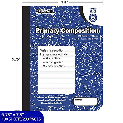 BAZIC PRODUCTS Primary Composition Notebook, Grades K-2, Marble, 6-Pack | 100 sheets (200 pages), 9.75 x 7.5 in, dashed mid-line primary ruling, Center-sewn - size: 6-Pack